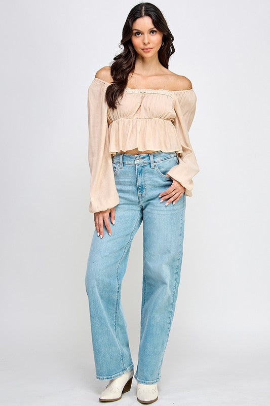 Long Sleeve Peasant Blouse With Lace Trim and Ruffled Hem