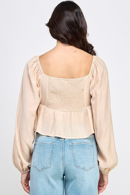 Long Sleeve Peasant Blouse With Lace Trim and Ruffled Hem