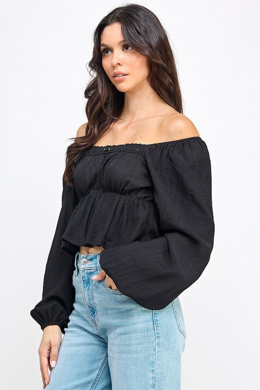 Long Sleeve Peasant Blouse With Lace Trim and Ruffled Hem