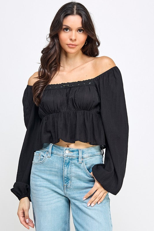 Long Sleeve Peasant Blouse With Lace Trim and Ruffled Hem