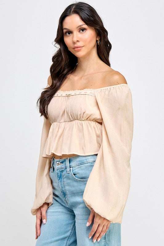 Long Sleeve Peasant Blouse With Lace Trim and Ruffled Hem