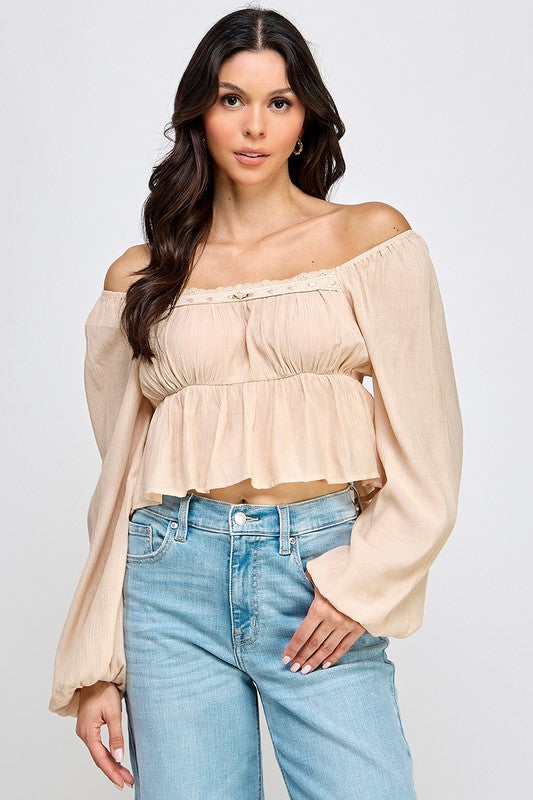 Long Sleeve Peasant Blouse With Lace Trim and Ruffled Hem