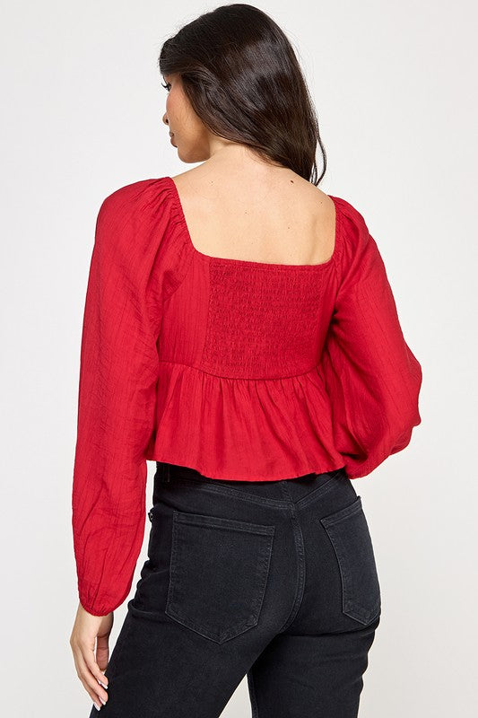 Long Sleeve Peasant Blouse With Lace Trim and Ruffled Hem
