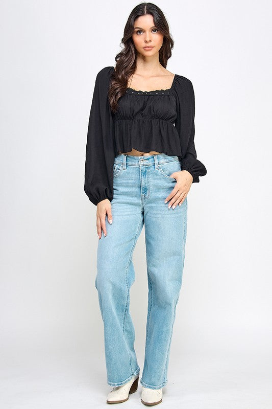 Long Sleeve Peasant Blouse With Lace Trim and Ruffled Hem