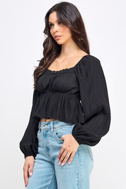 Long Sleeve Peasant Blouse With Lace Trim and Ruffled Hem
