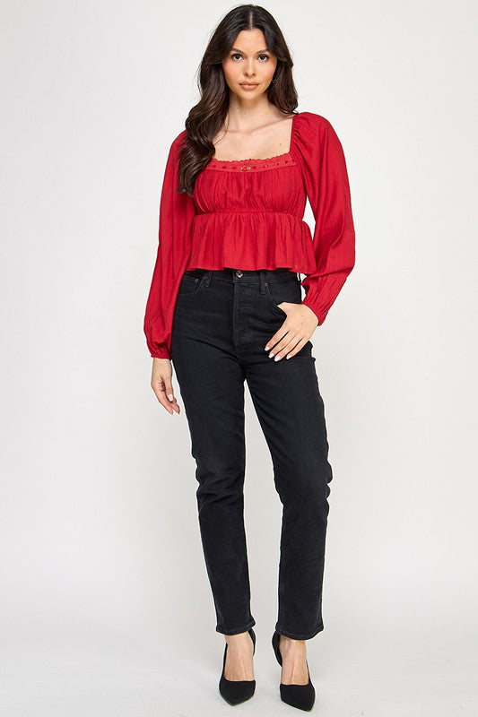 Long Sleeve Peasant Blouse With Lace Trim and Ruffled Hem