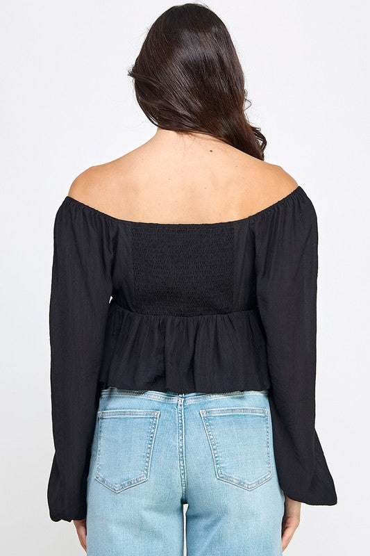 Long Sleeve Peasant Blouse With Lace Trim and Ruffled Hem