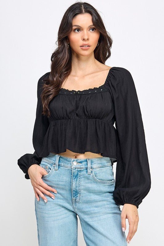 Long Sleeve Peasant Blouse With Lace Trim and Ruffled Hem