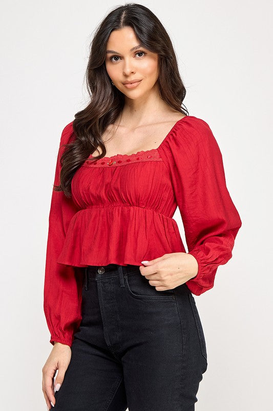 Long Sleeve Peasant Blouse With Lace Trim and Ruffled Hem