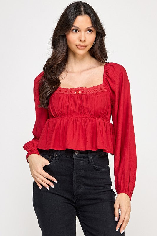 Long Sleeve Peasant Blouse With Lace Trim and Ruffled Hem