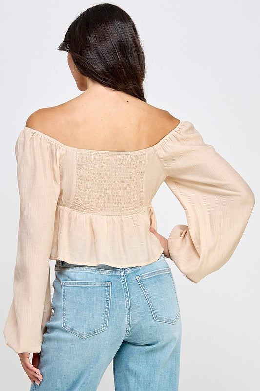 Long Sleeve Peasant Blouse With Lace Trim and Ruffled Hem