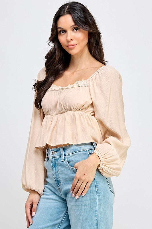 Long Sleeve Peasant Blouse With Lace Trim and Ruffled Hem