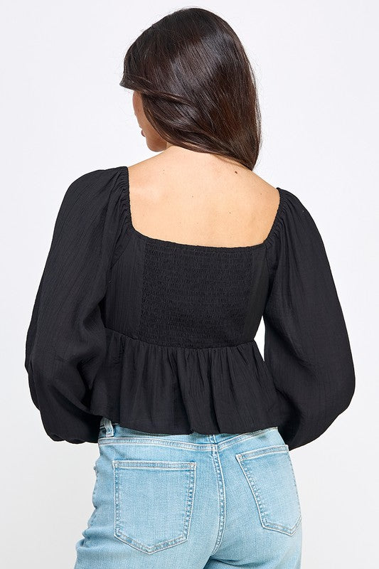 Long Sleeve Peasant Blouse With Lace Trim and Ruffled Hem