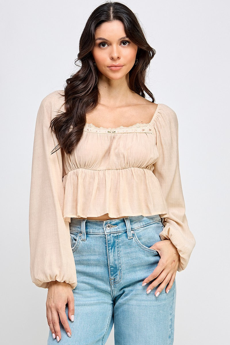 Long Sleeve Peasant Blouse With Lace Trim and Ruffled Hem
