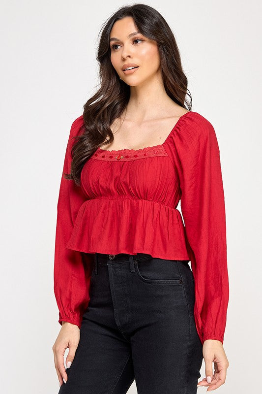 Long Sleeve Peasant Blouse With Lace Trim and Ruffled Hem