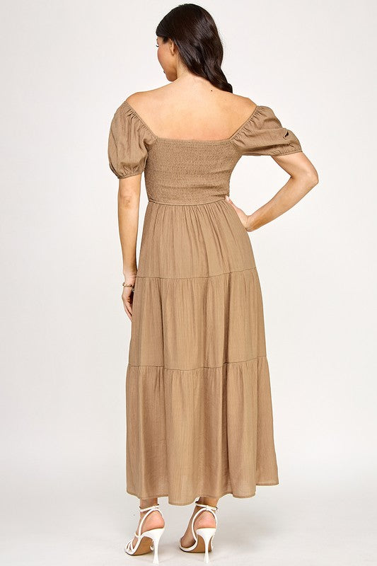 Front Tie Puff Sleeve Tired Maxi Dress