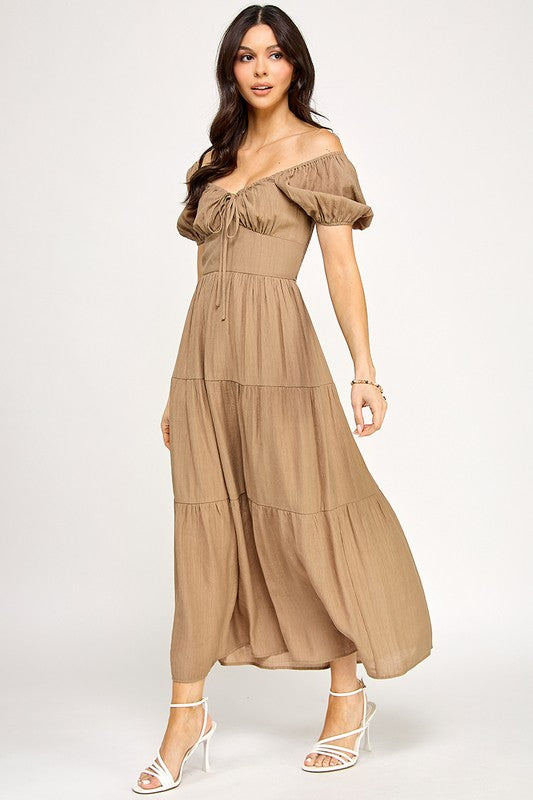 Front Tie Puff Sleeve Tired Maxi Dress