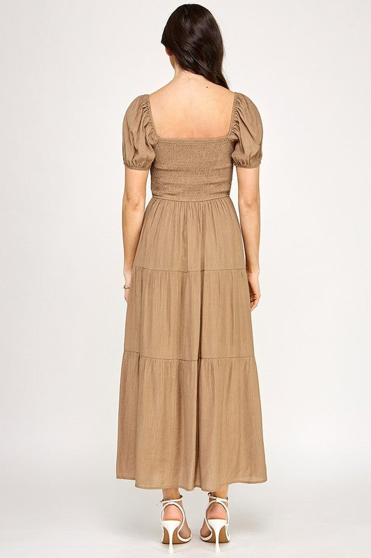 Front Tie Puff Sleeve Tired Maxi Dress