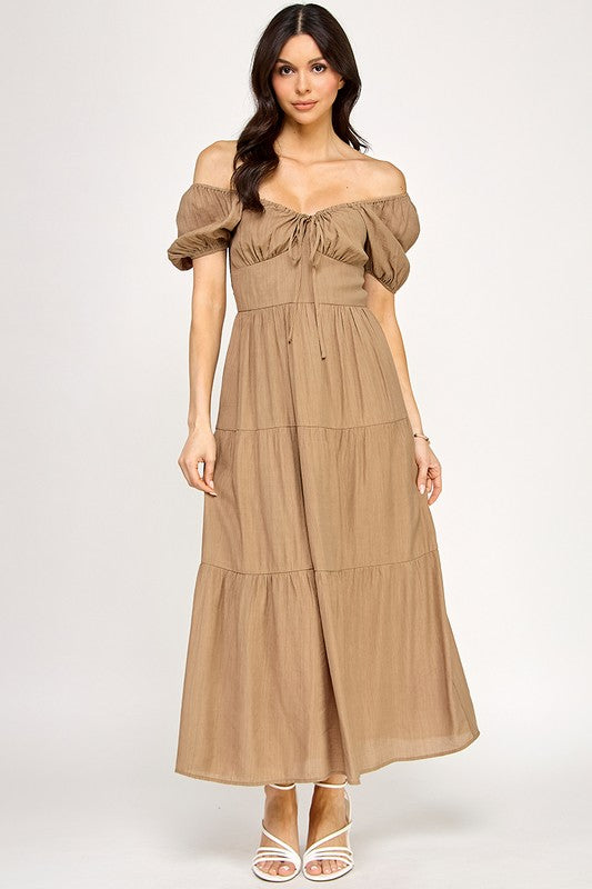 Front Tie Puff Sleeve Tired Maxi Dress
