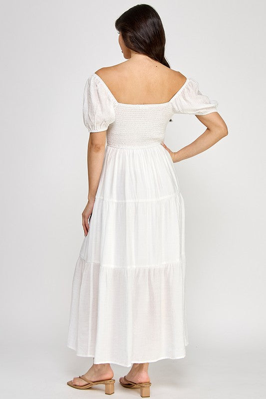 Front Tie Puff Sleeve Tired Maxi Dress