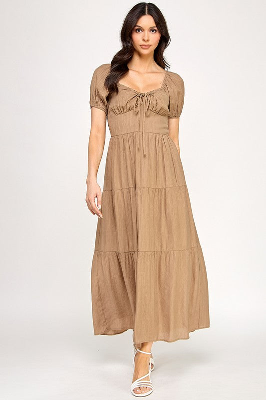 Front Tie Puff Sleeve Tired Maxi Dress