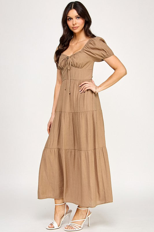 Front Tie Puff Sleeve Tired Maxi Dress
