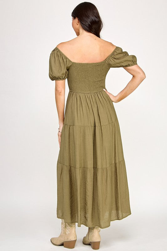 Front Tie Puff Sleeve Tired Maxi Dress