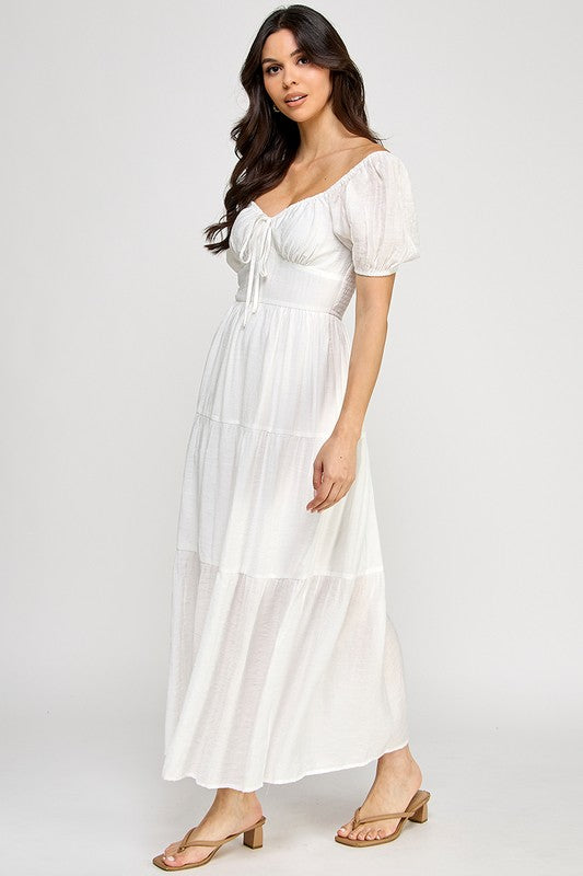 Front Tie Puff Sleeve Tired Maxi Dress