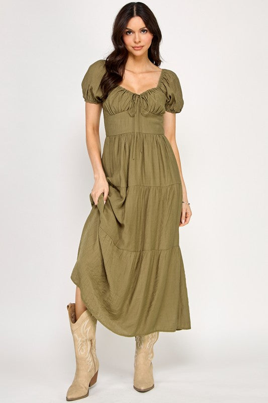 Front Tie Puff Sleeve Tired Maxi Dress