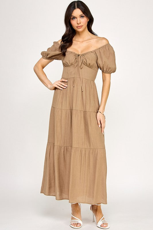 Front Tie Puff Sleeve Tired Maxi Dress