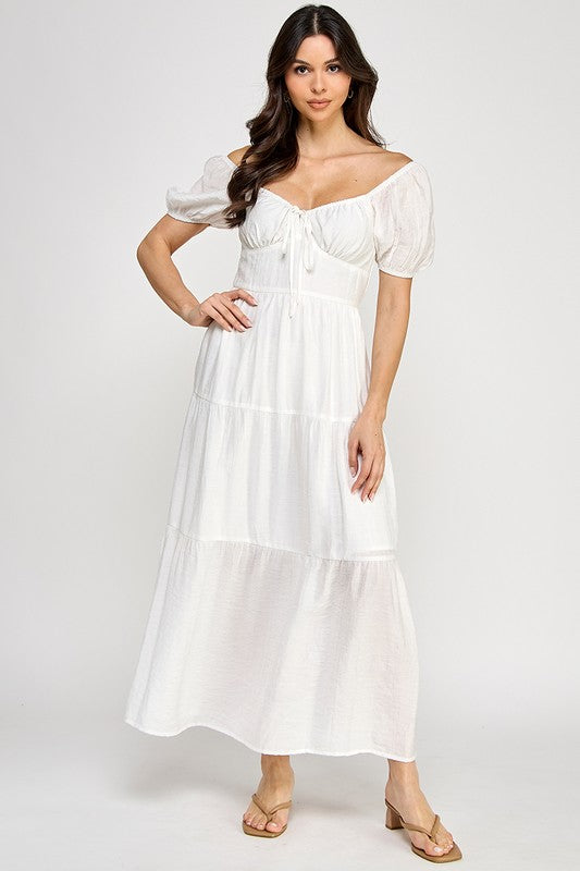 Front Tie Puff Sleeve Tired Maxi Dress