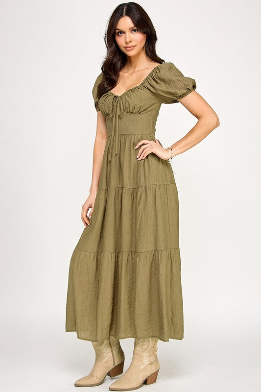 Front Tie Puff Sleeve Tired Maxi Dress