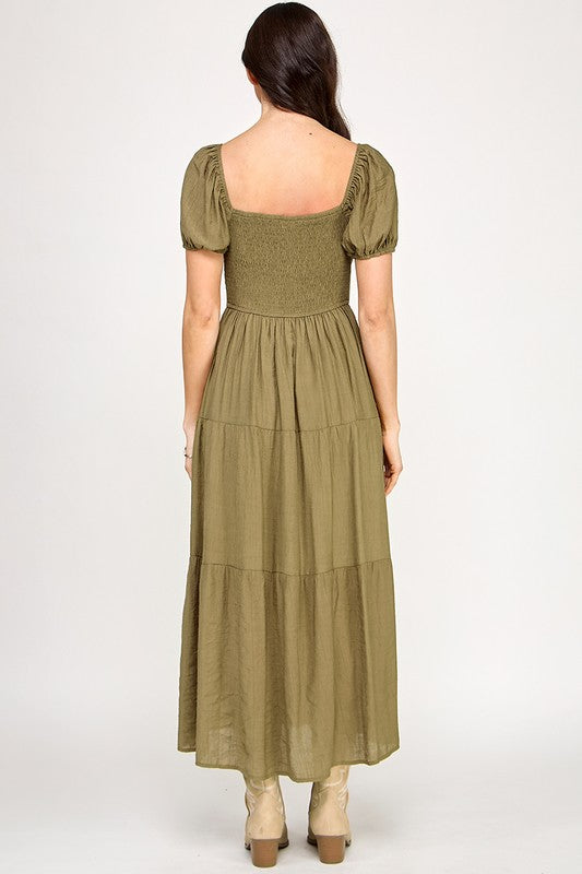 Front Tie Puff Sleeve Tired Maxi Dress