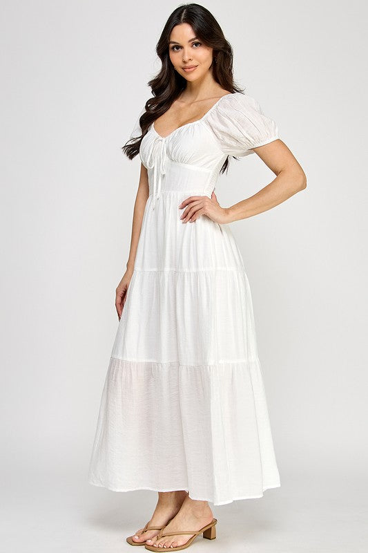 Front Tie Puff Sleeve Tired Maxi Dress