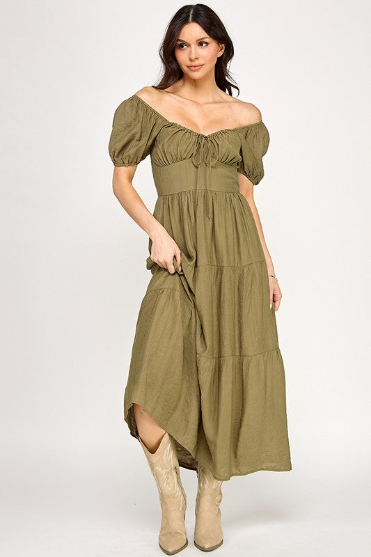 Front Tie Puff Sleeve Tired Maxi Dress