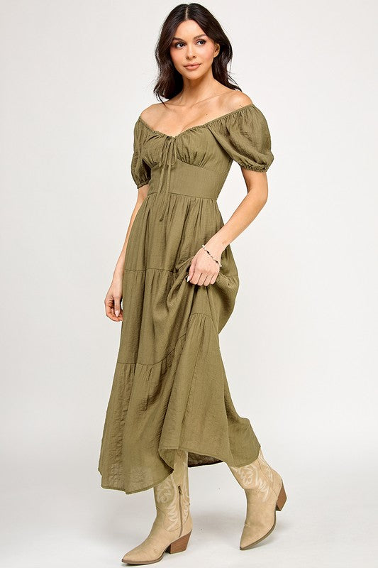 Front Tie Puff Sleeve Tired Maxi Dress