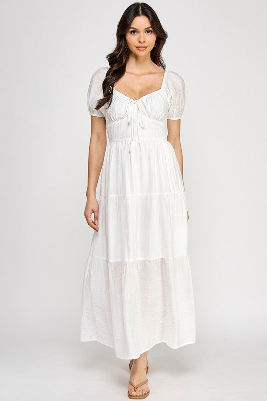 Front Tie Puff Sleeve Tired Maxi Dress