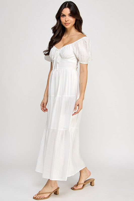 Front Tie Puff Sleeve Tired Maxi Dress