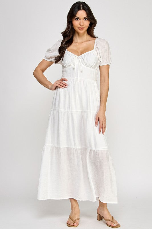 Front Tie Puff Sleeve Tired Maxi Dress