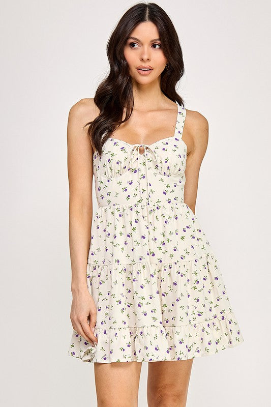 Floral Open Back Tie Mini Dress