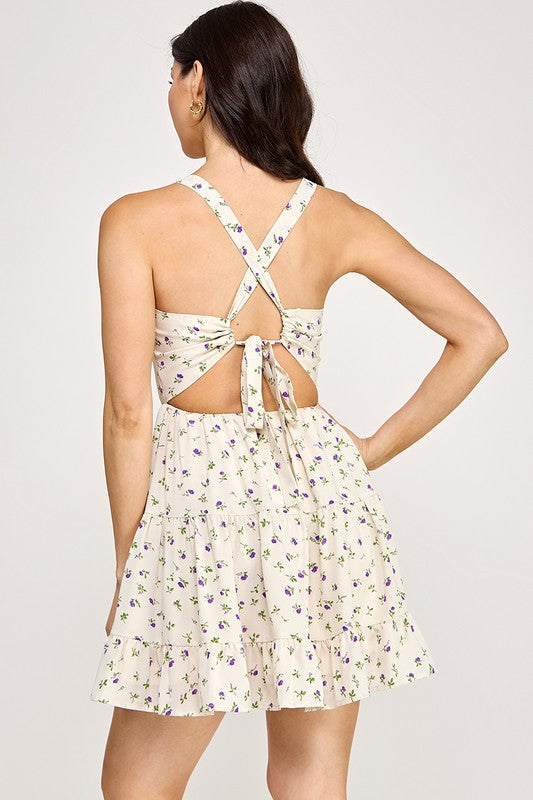 Floral Open Back Tie Mini Dress