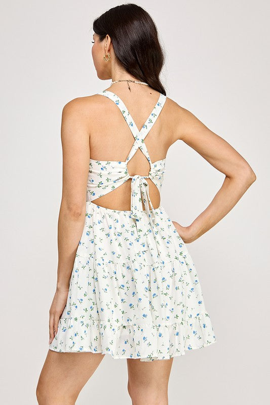 Floral Open Back Tie Mini Dress