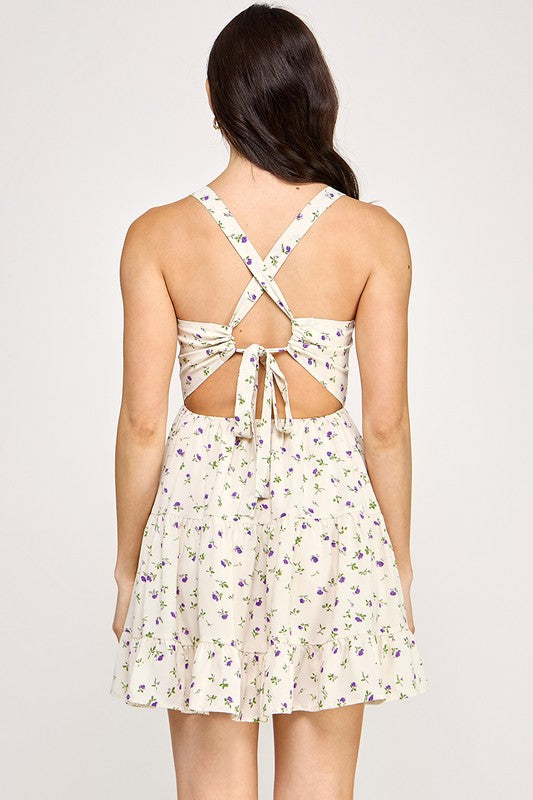 Floral Open Back Tie Mini Dress