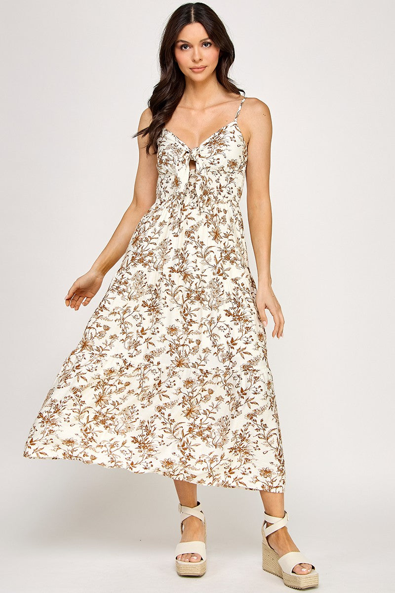 D5281-3 Floral Tie-Front Maxi Dress with Smocked Waist