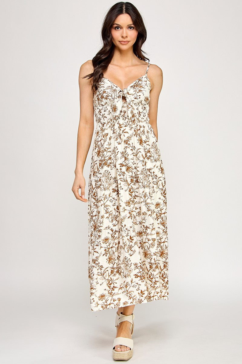 D5281-3 Floral Tie-Front Maxi Dress with Smocked Waist