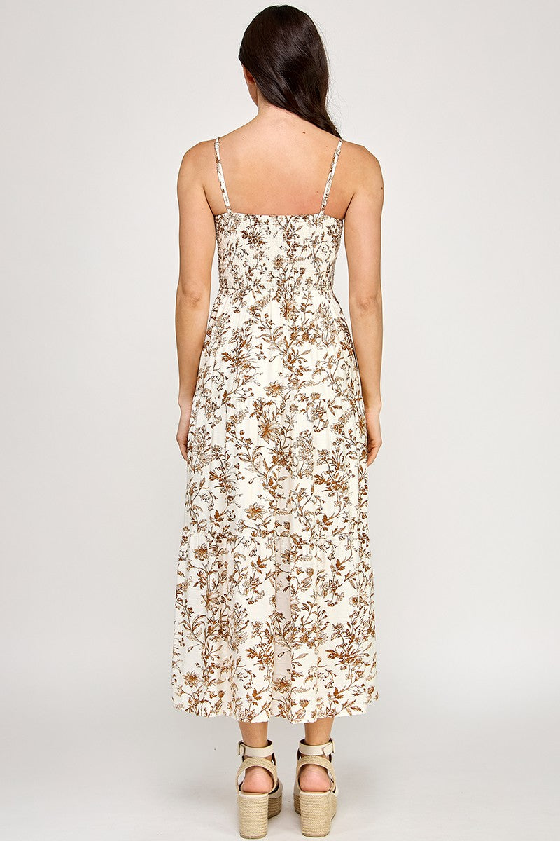 D5281-3 Floral Tie-Front Maxi Dress with Smocked Waist