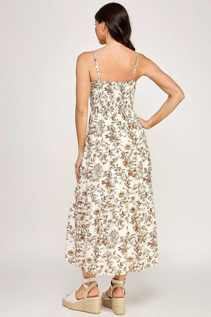 D5281-3 Floral Tie-Front Maxi Dress with Smocked Waist