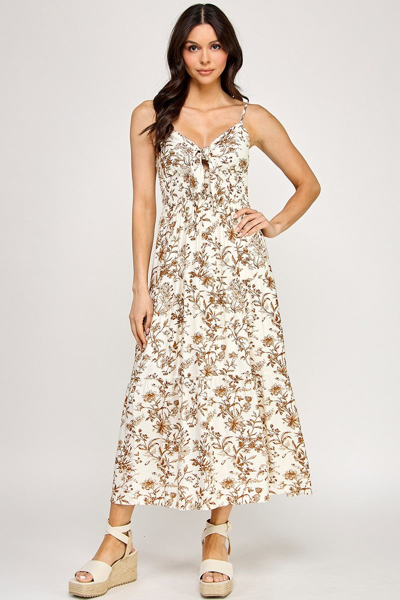 D5281-3 Floral Tie-Front Maxi Dress with Smocked Waist