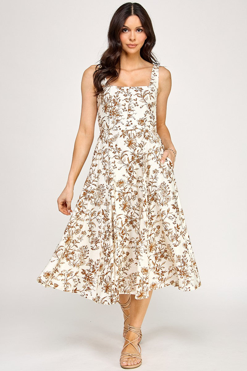 D5520-1 Floral Square-Neck Midi Dress with Pockets