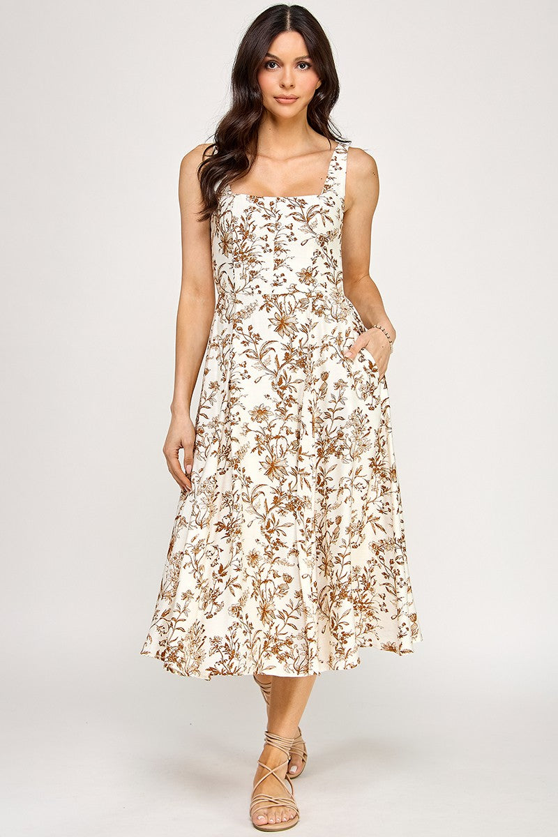D5520-1 Floral Square-Neck Midi Dress with Pockets
